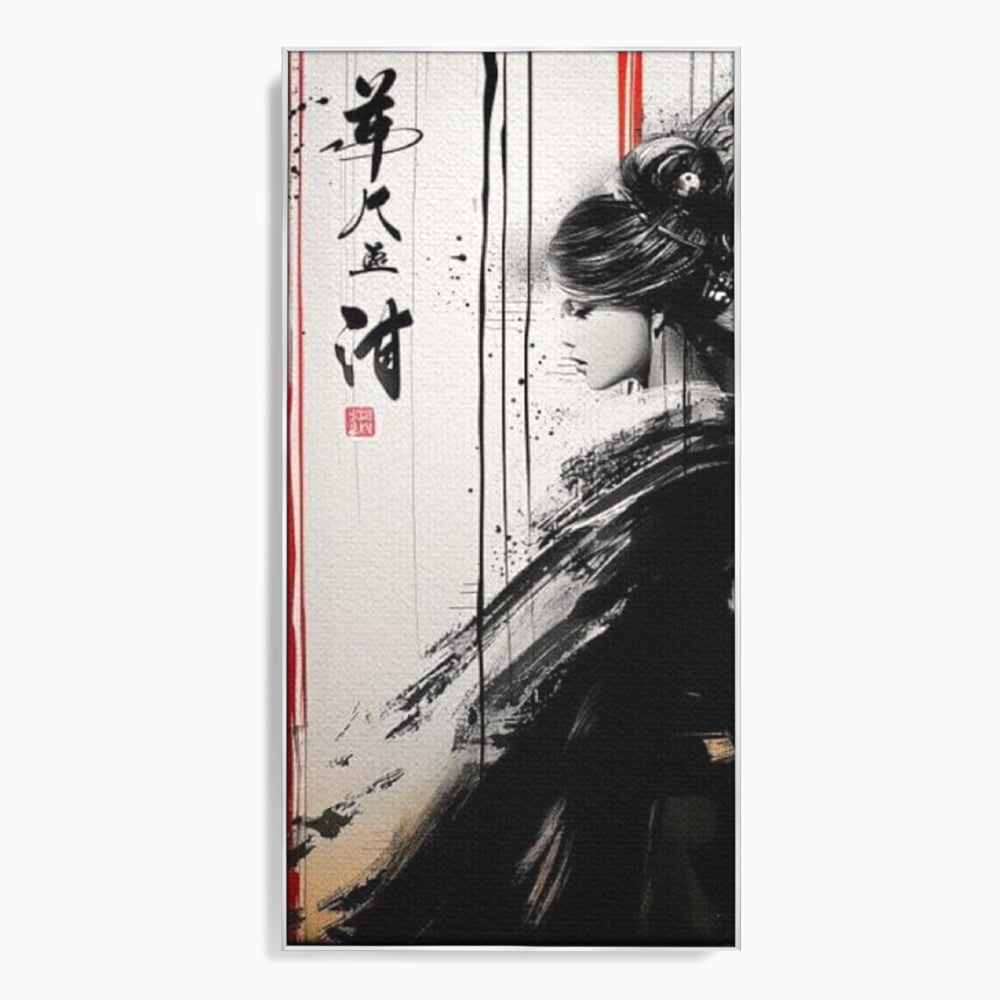 Tablou canvas cu tablou vertical cu gheisa in tus, in rama de aluminiu argintiu